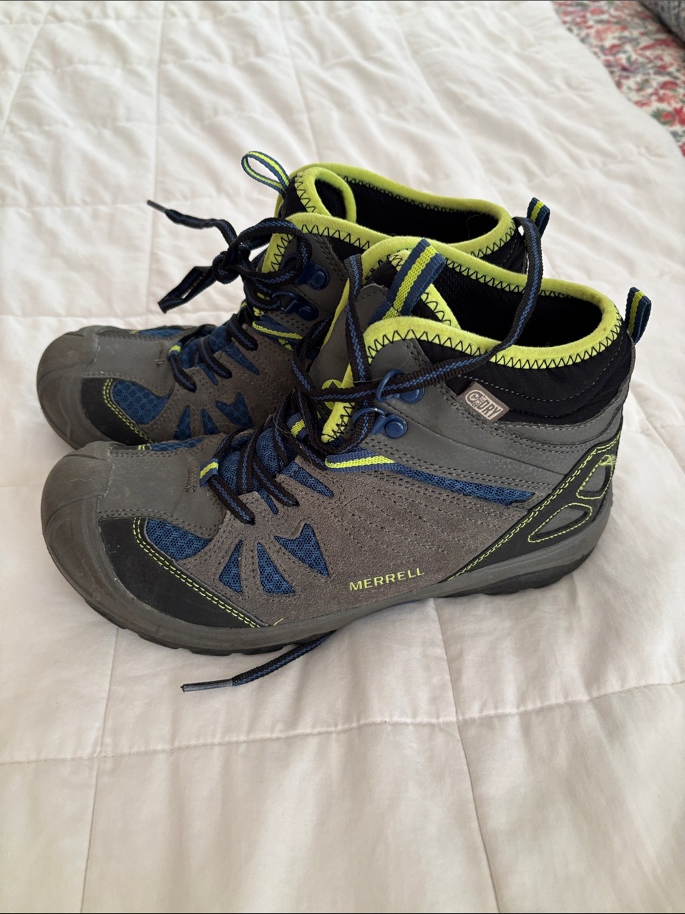 Merrell kids Gray & Blue Hiking Boots with Lime Accents Boys Sz 4